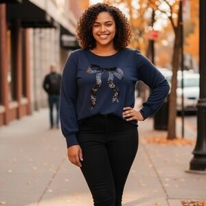 Jingle Belles Kim Gravel Navy Blue Sequin Bow Long Sleeve Tunic Top Plus 2X NEW